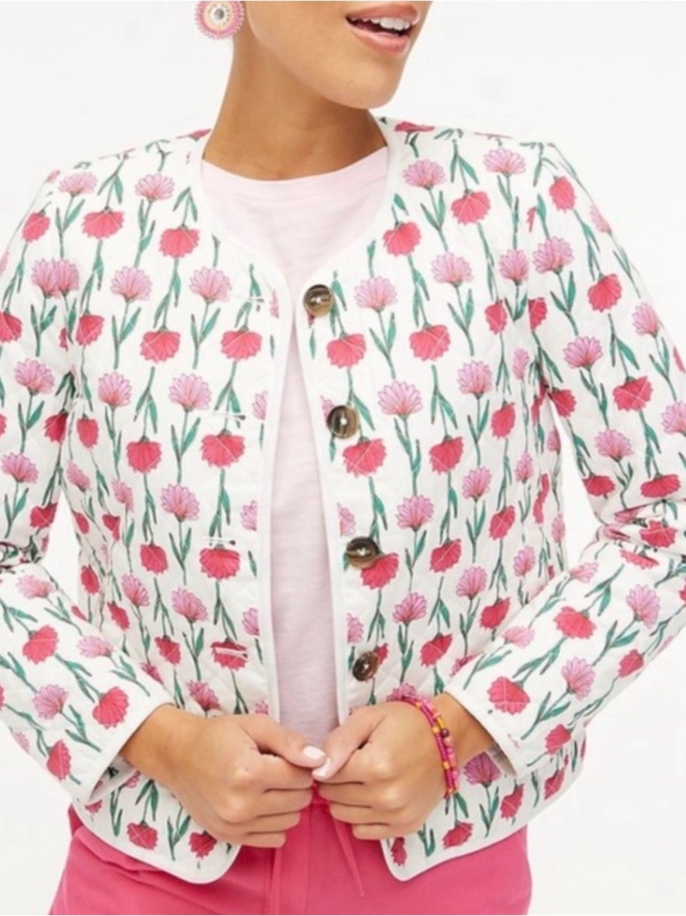 J. Crew Floral quilted jacket Tulip Pattern Spring Pink White XS